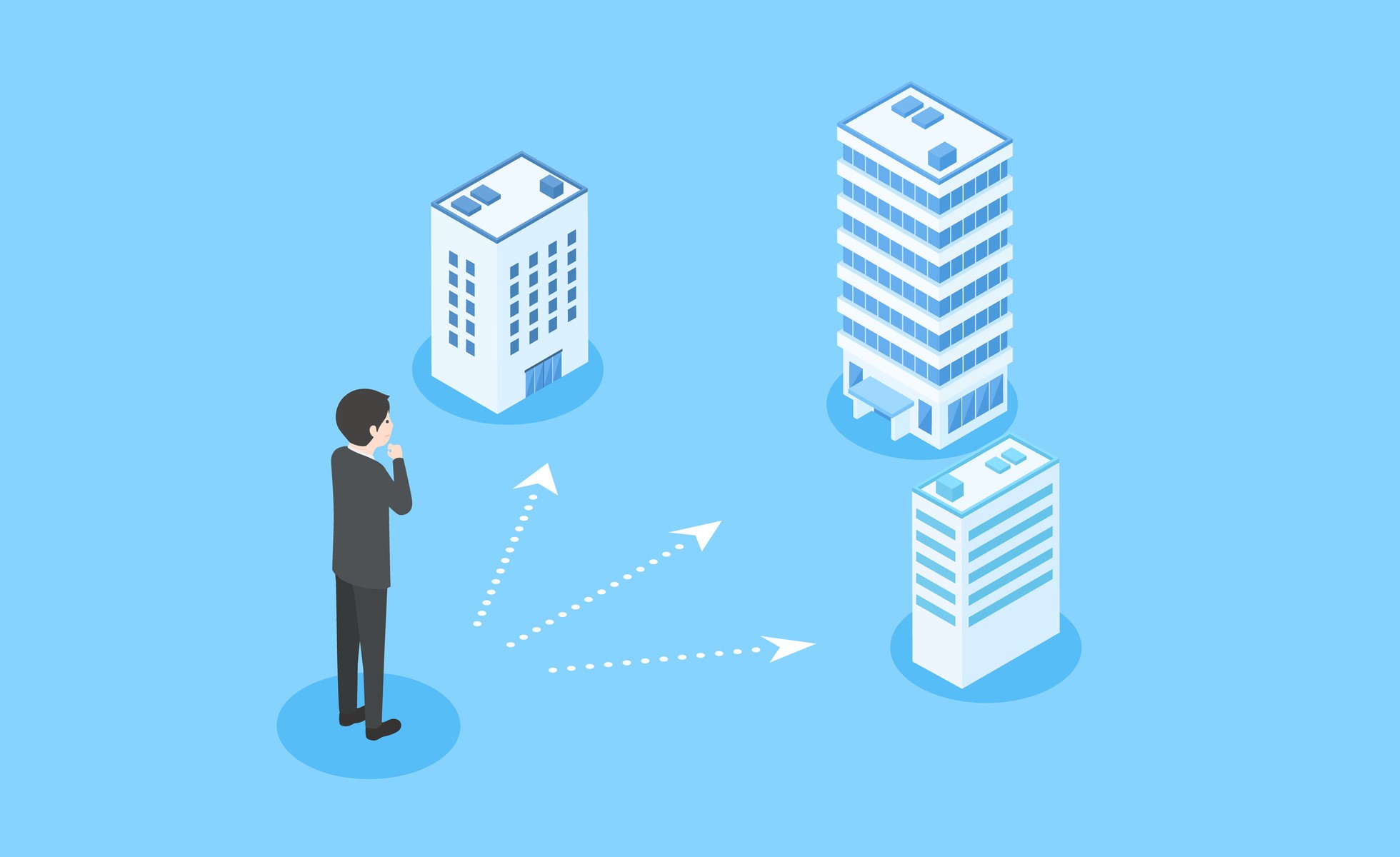 どの会社を選ぶか悩むスーツ姿の男性のイラスト