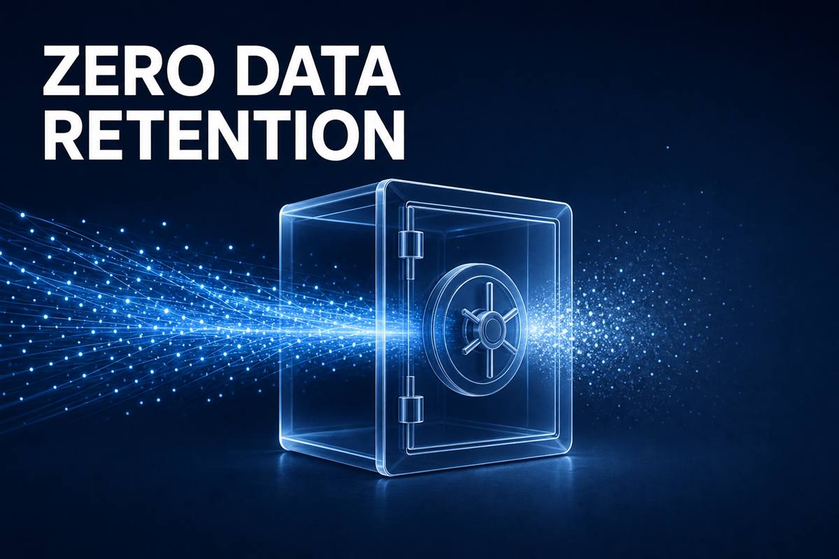 ZERO DATA RETENTION——データの粒子がガラスの金庫を通り抜け、保存されずに消えていくイラスト