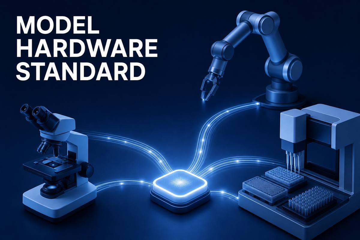 MODEL HARDWARE STANDARD——ロボットアームや実験機器が共通のハブに光の糸でつながるイラスト