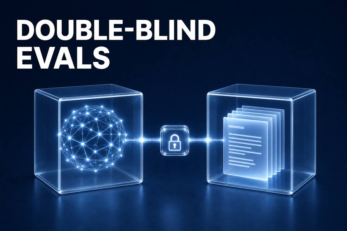 DOUBLE-BLIND EVALS——封印された2つのガラス箱が暗号のロックだけで結ばれ、互いの中身が見えないことを表すイラスト