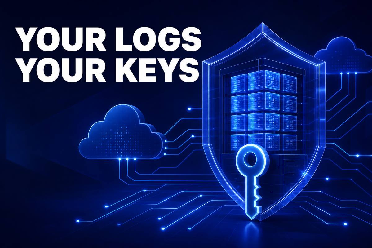 YOUR LOGS YOUR KEYS——盾の中にサーバーと鍵が収まり、両側のクラウドと回路でつながる青いイラスト