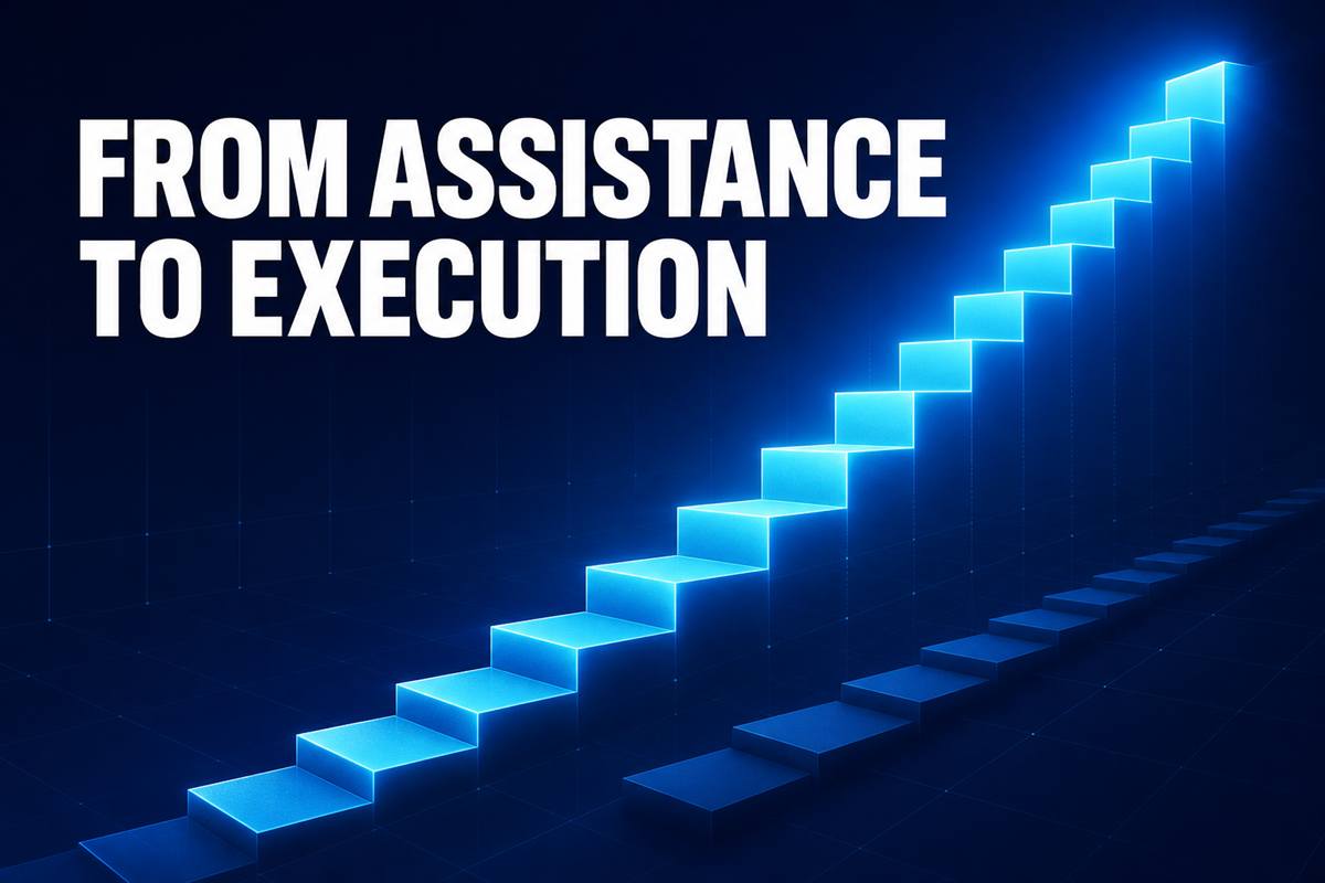 FROM ASSISTANCE TO EXECUTION——暗い床から光る階段が右上へ伸び、隣の低い段差と差が開いていくイラスト