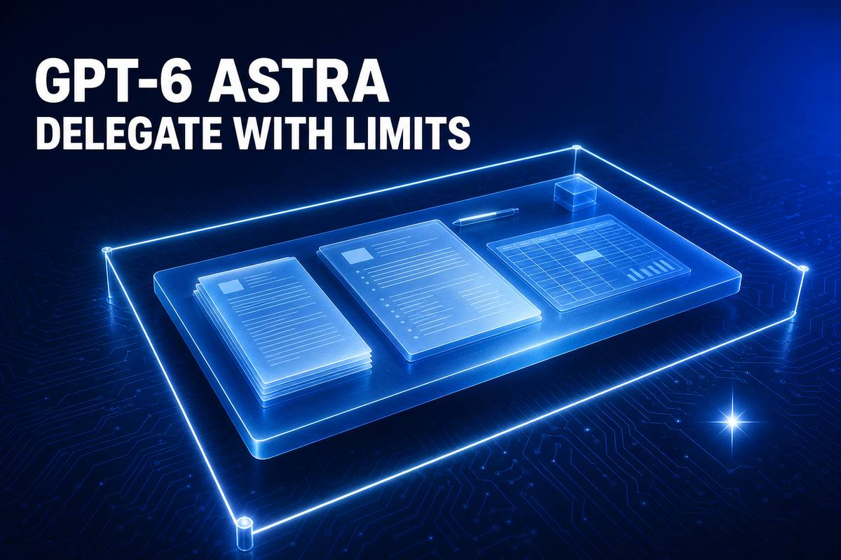 GPT-6 ASTRA / DELEGATE WITH LIMITS——深い青の空間に光る境界線で囲われた作業卓が浮かび、その外側に星がひとつ輝くイラスト