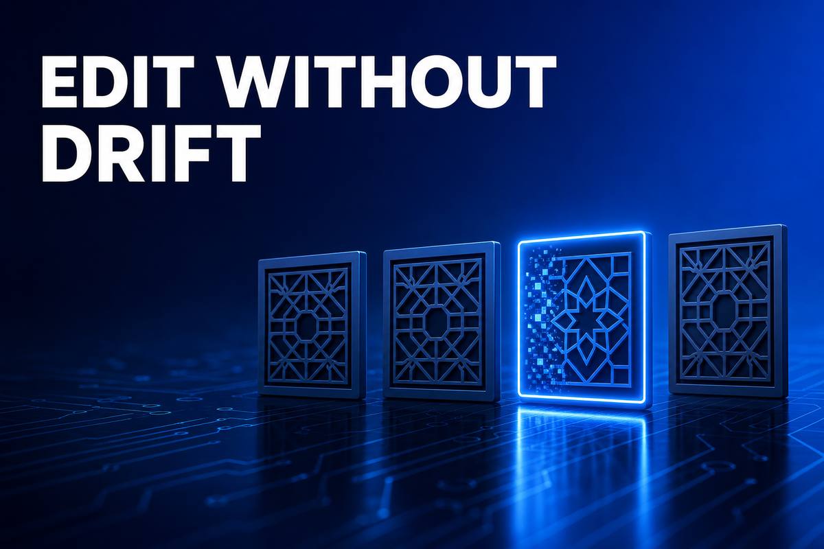 EDIT WITHOUT DRIFT——深い青の空間で、同じ図形が4枚並び、1枚だけが光の枠の中で書き換わっているイラスト