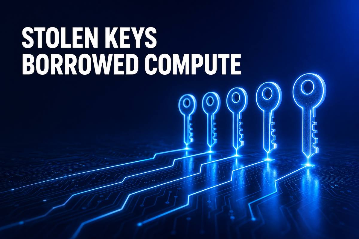 STOLEN KEYS BORROWED COMPUTE——深い青の空間に鍵の形をした光の線が並び、その先が別の回路へ分岐していくイラスト