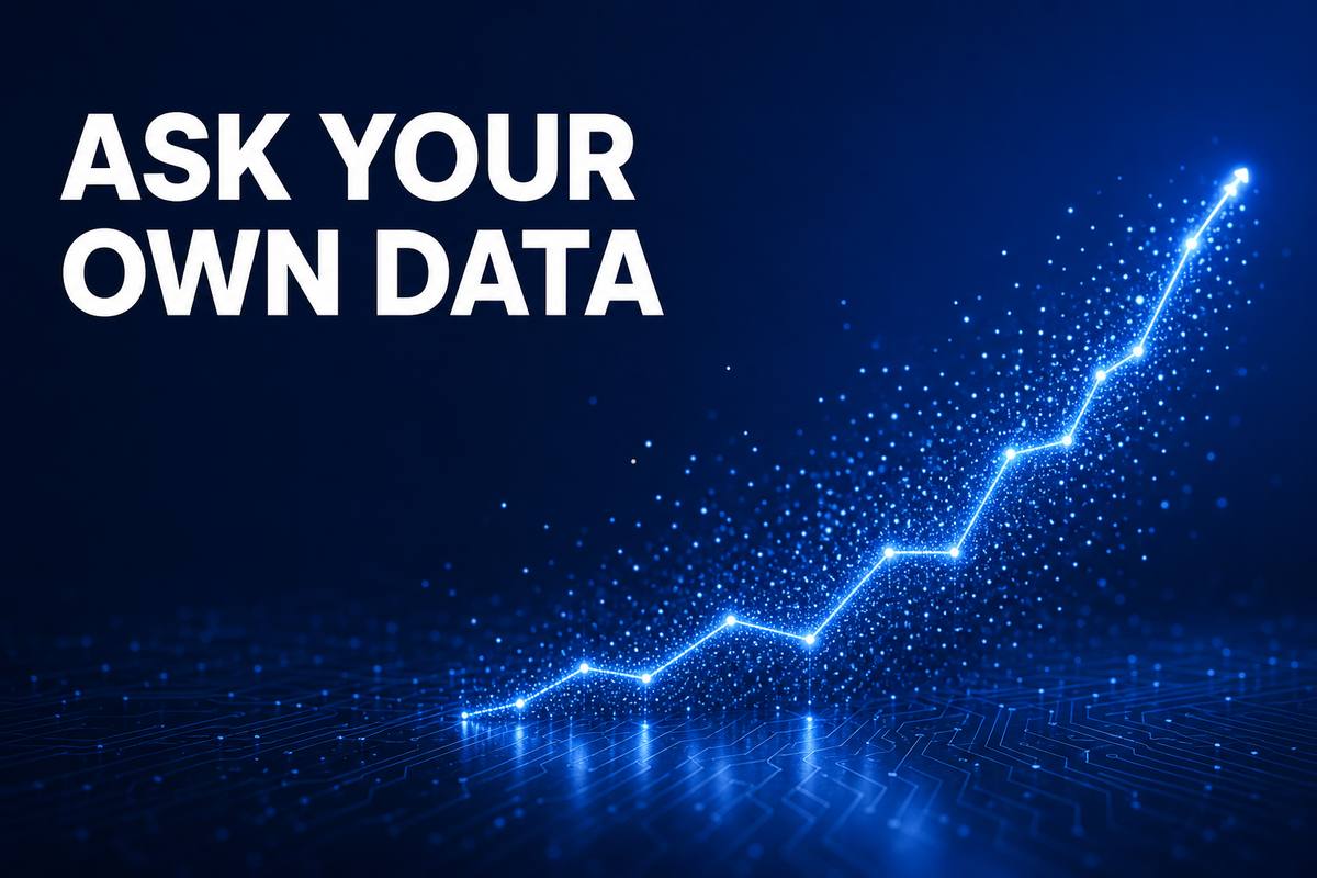 ASK YOUR OWN DATA——深い青の空間で、散らばった光の点が一本の折れ線グラフの形に集まっていくイラスト