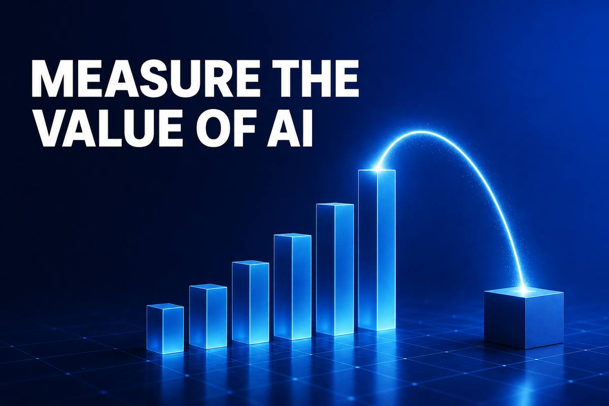 MEASURE THE VALUE OF AI——深い青の空間で、利用量のグラフが業務の成果指標へと橋渡しされていくイラスト