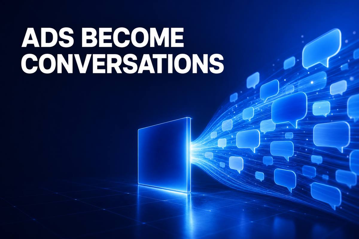 ADS BECOME CONVERSATIONS——深い青の空間で、広告の枠から会話の流れが伸びていくイラスト