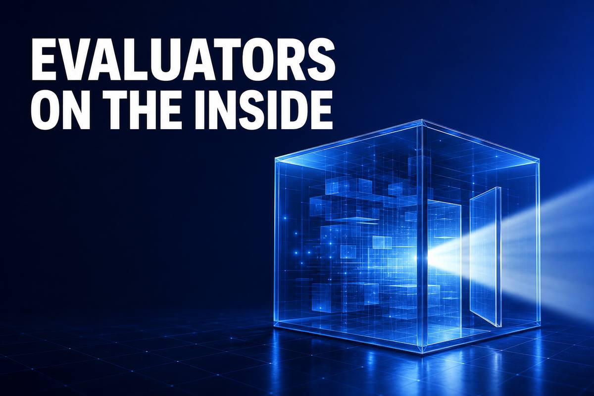 EVALUATORS ON THE INSIDE——深い青の空間で、閉じた構造体の内側へ観測者の視線が入り込む抽象イラスト