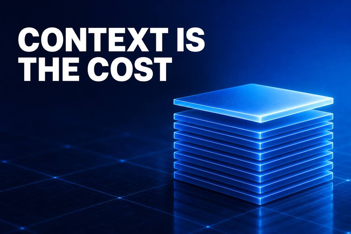 CONTEXT IS THE COST——深い青の空間に、同じ層が繰り返し積み重なっていく抽象イラスト