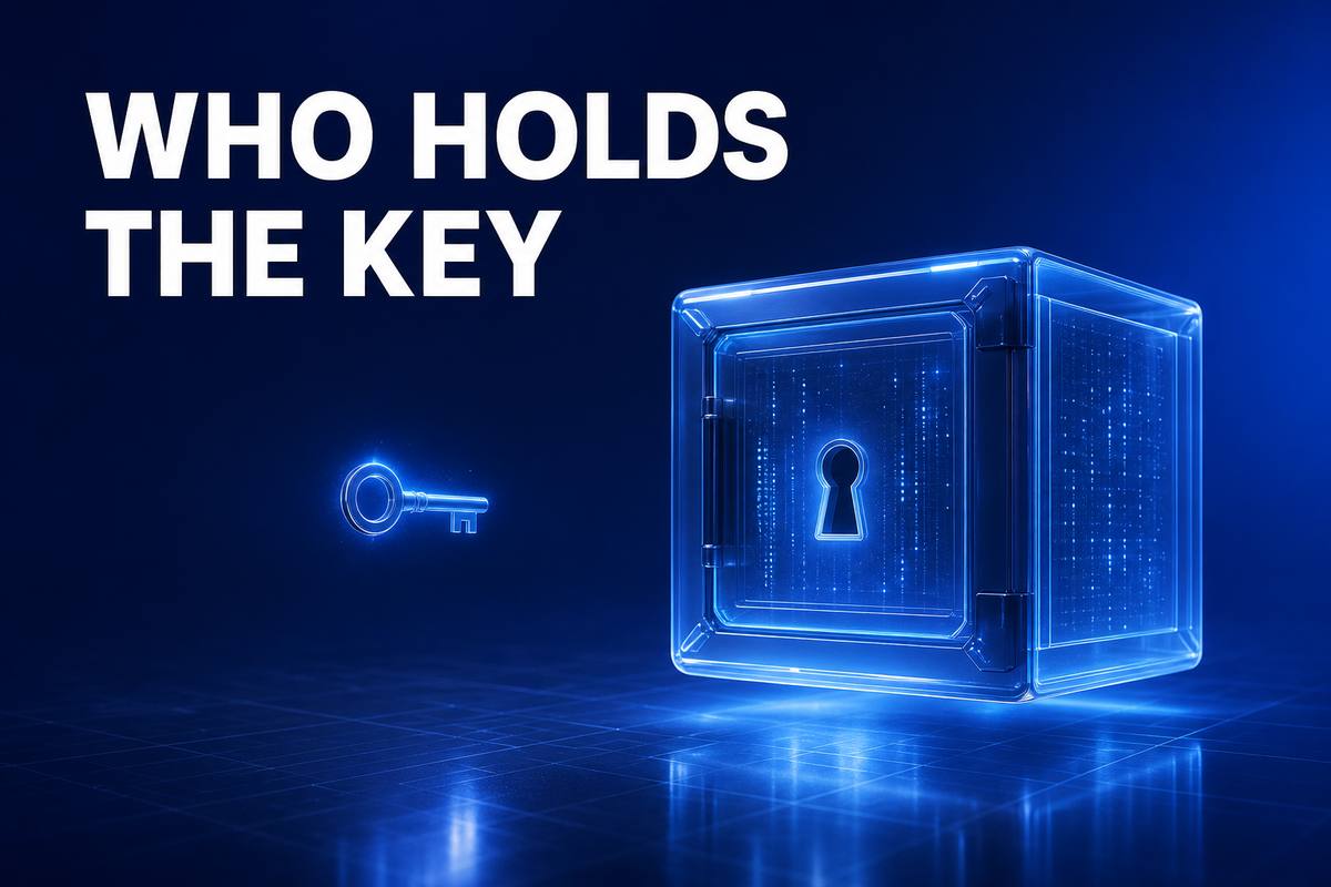 WHO HOLDS THE KEY——深い青の空間に、閉じた金庫と鍵が離れて浮かぶ抽象イラスト