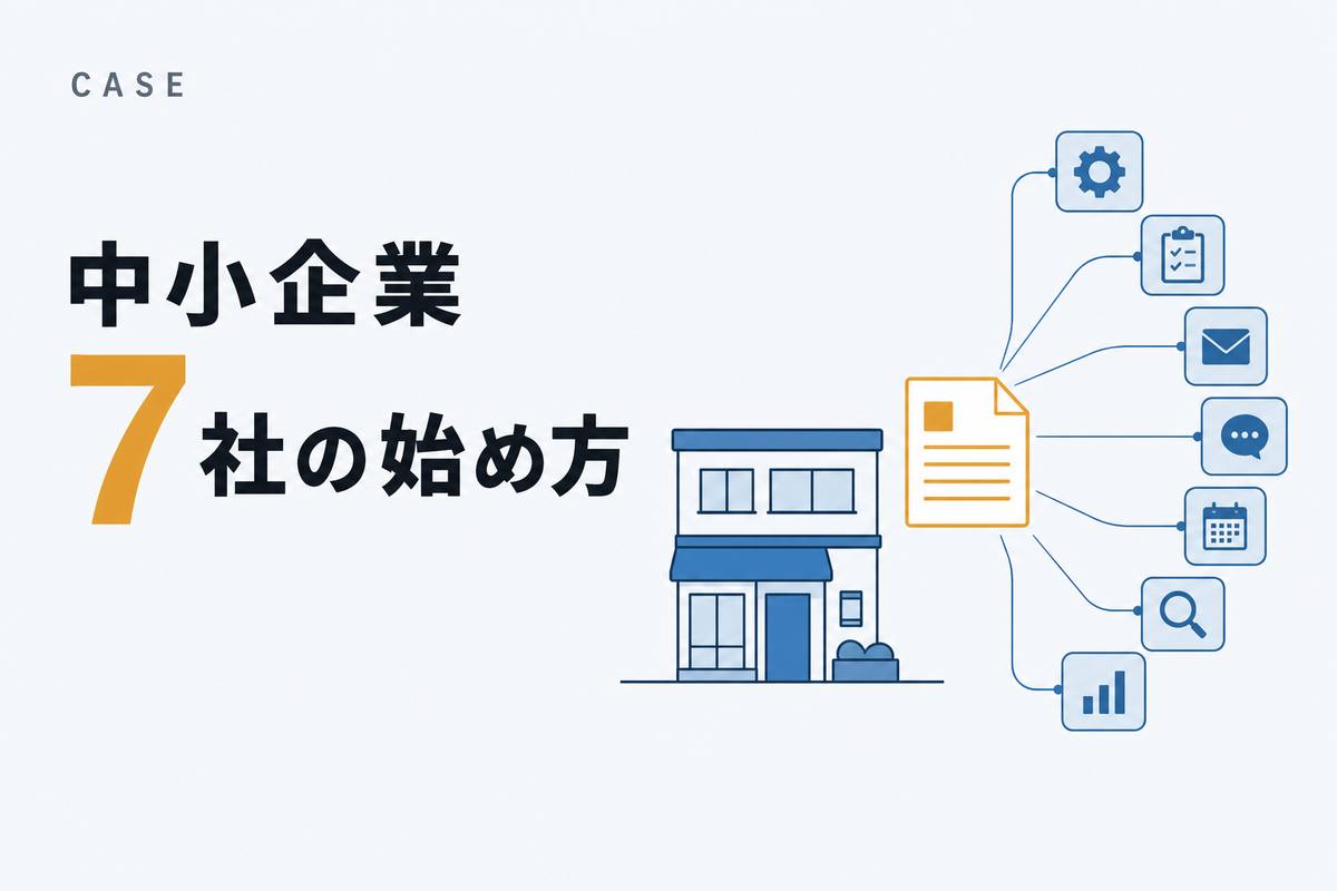 中小企業 7社の始め方——白地に、小さな建物の前で1枚の書類から線が伸び、7つの小さな四角につながっていくフラットな図解