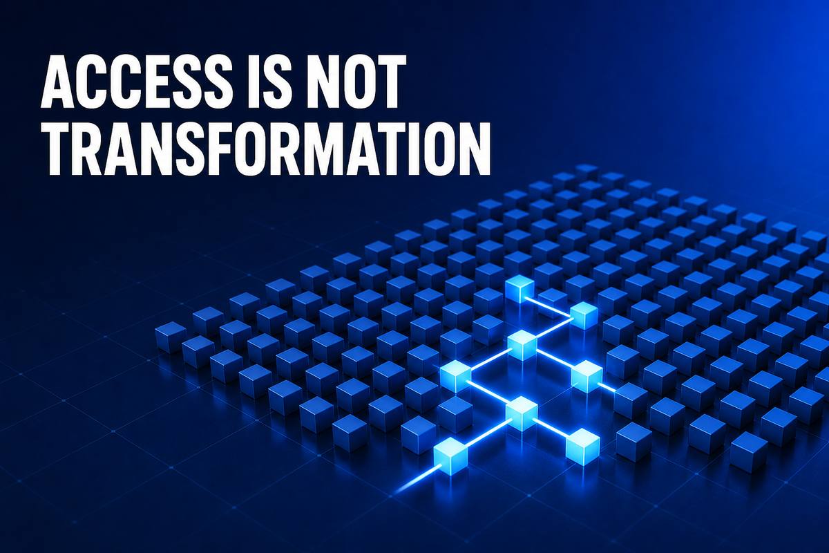 ACCESS IS NOT TRANSFORMATION——深い青の床に並ぶ多数の光らない立方体と、光の線でつながった一部の立方体の抽象イラスト