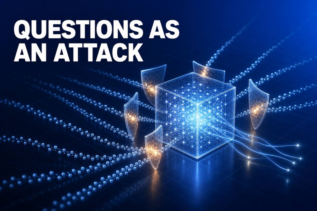 QUESTIONS AS AN ATTACK——深い青の床の上で、内側が光るガラスの立方体に無数の光の粒が集まり、琥珀色の盾がその一部を止めている抽象イラスト