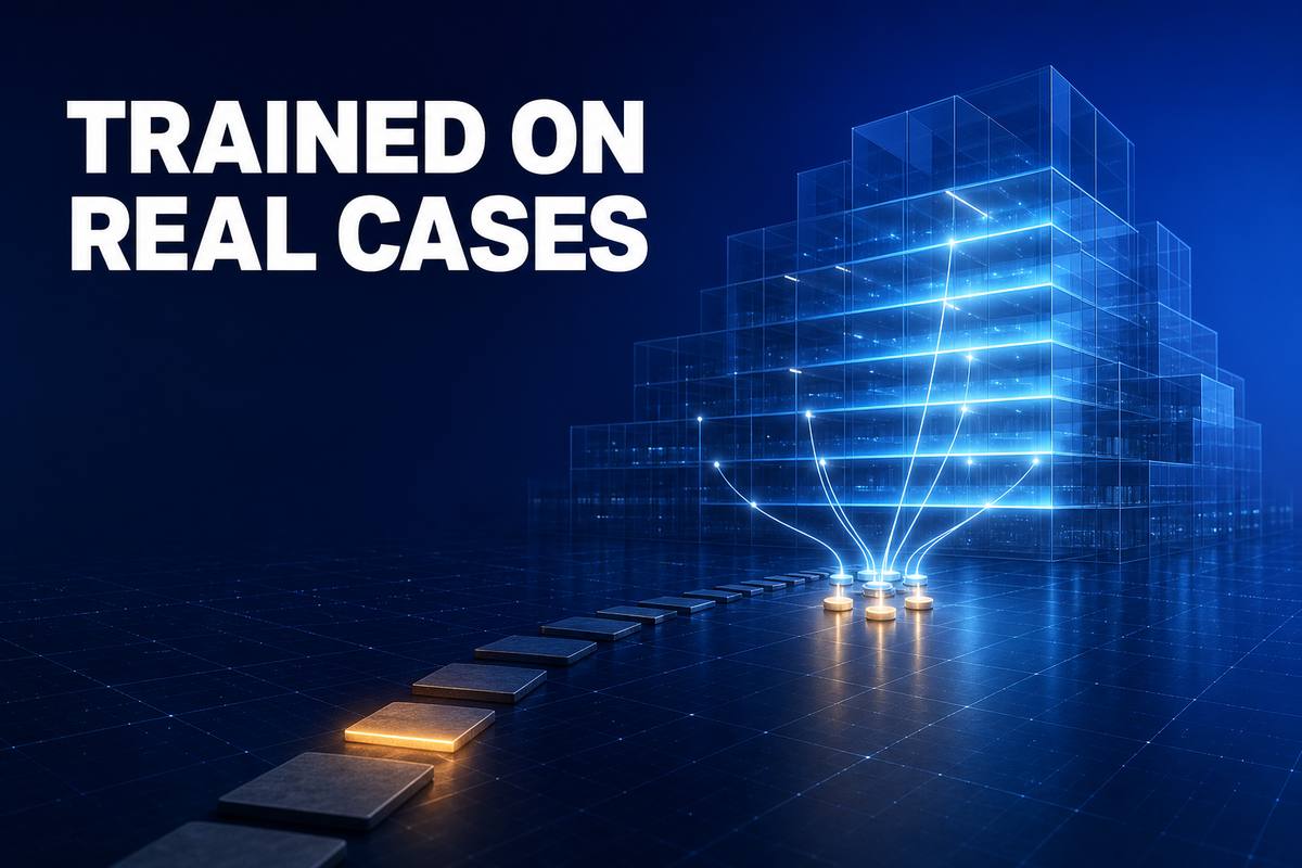 TRAINED ON REAL CASES——深い青の床の上で、小さな光の点の集まりから伸びた線が背後のガラスの建物を階ごとに照らしていく抽象イラスト